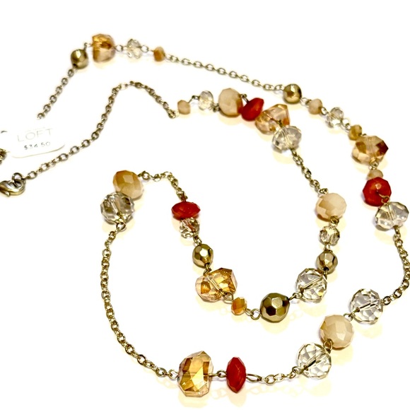 LOFT Long Beaded Station Necklace Amber Warm Tones NWT - Picture 2 of 9